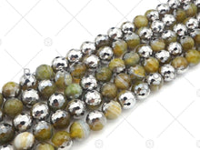 Load image into Gallery viewer, Natural Half Silver Plated Olive Green Agate Beads, 8mm/10mm/12mm Round Faceted Agate Beads, 15.5 Full Strand, sku# UA121