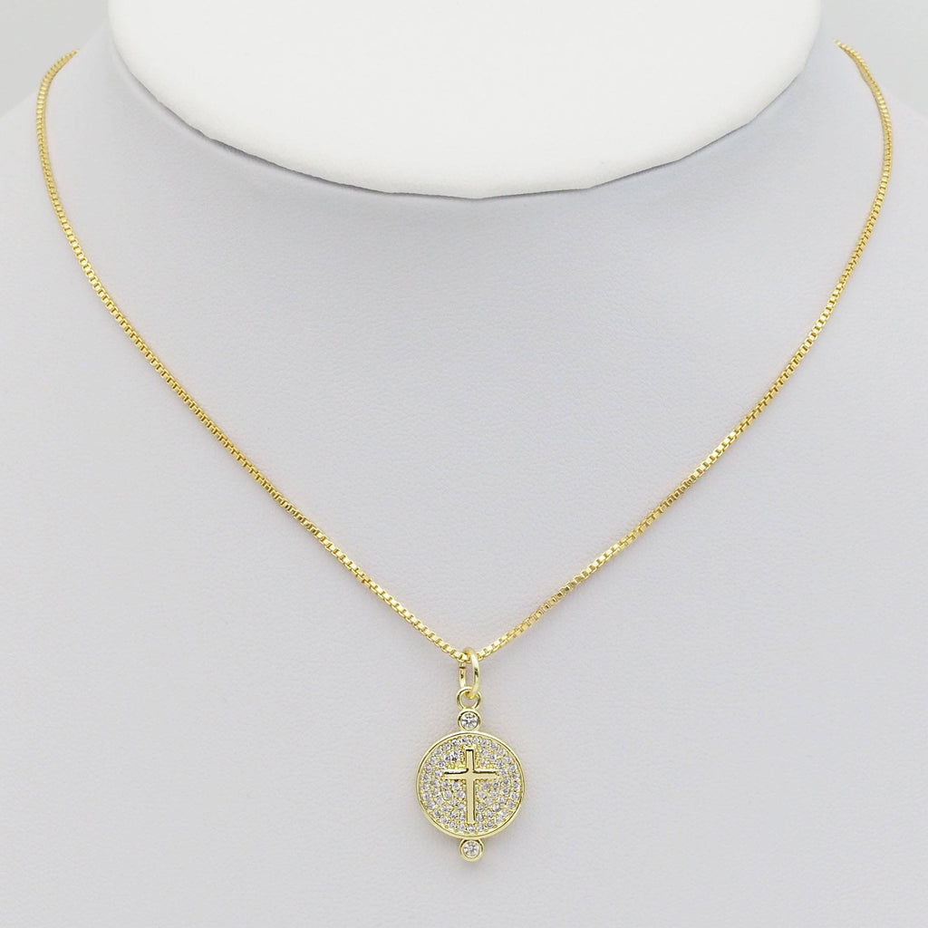 Clear CZ Gold Sun Cross Bee On Round Coin Charm, Sku#LX252