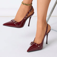 Load image into Gallery viewer, Women's Pointed-Toe Stiletto Heels | Synthetic Leather Buckle Rivet Heels