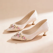 Load image into Gallery viewer, Women's Jacquard Kitten Heel Sandals | Pointed Toe Lace Flower Embroidery Heels