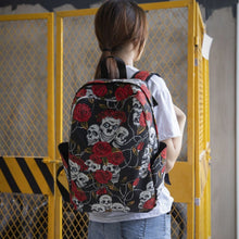 Load image into Gallery viewer, Skull &amp; Rose Hooded Canvas Backpack – Women's Retro Gothic Travel Bag