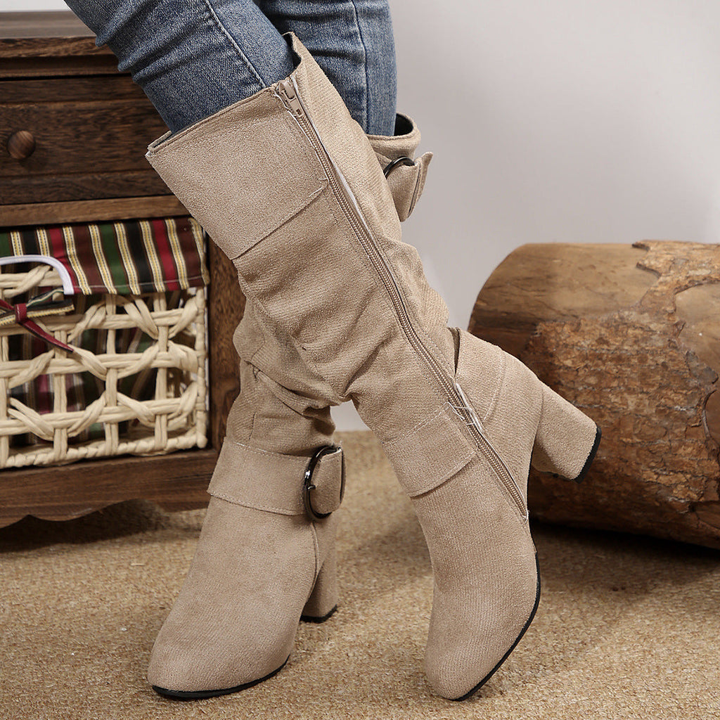 Women's Belt Buckle Chunky Heel Mid-Calf Boots | Suede Pointed Toe Fall Winter