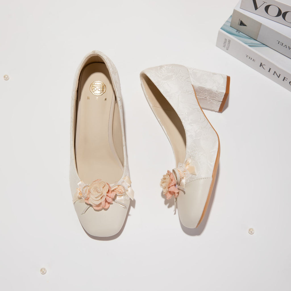 Women's Floral Block Heel Pumps | Square Toe Jacquard Dress Shoes