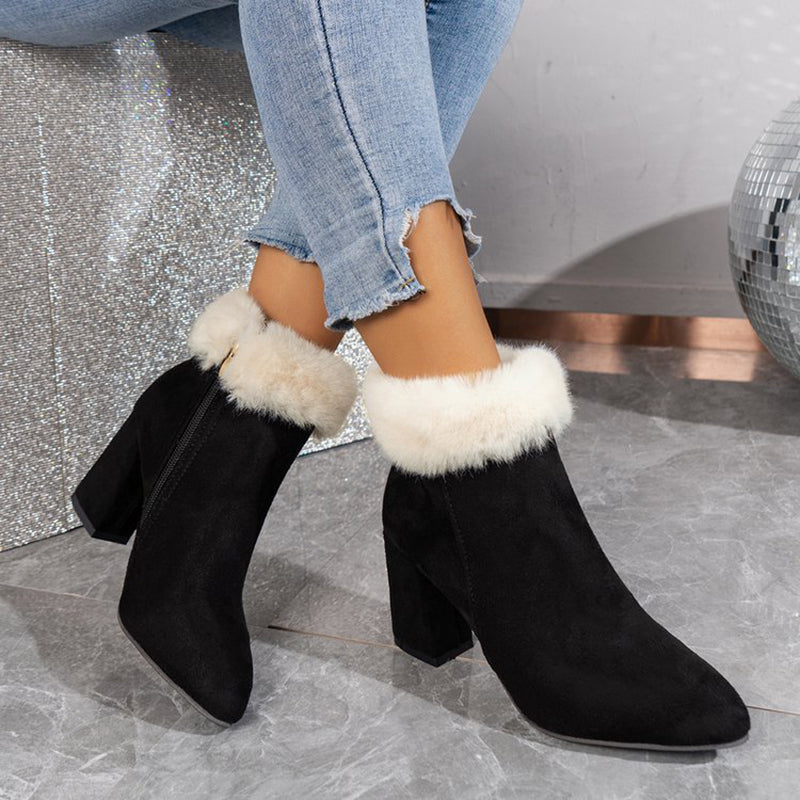 Women's Plaid Suede Ankle Boots | Square Heel Side Zipper Winter Boots