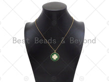 Load image into Gallery viewer, CZ Gold Clover On Green/Pink/Black/White/Red/Blue Enamel Round Coin Shape Pendant, 18K Gold Enamel Charm, Enamel Jewelry, 25x28mm,Sku#B131