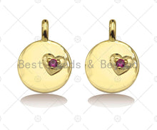 Load image into Gallery viewer, Fuchsia CZ Micro Pave Heart On Round Coin Shape Charm,18K Dianty Gold Medallion  Charm, Necklace Bracelet Charm Pendant,13x18mm, Sku#LK257