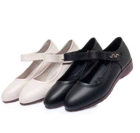 Women's Peep Toe Wedge Heel Shoes – Soft Sole Single Strap Buckle Flats | Black & Off-White