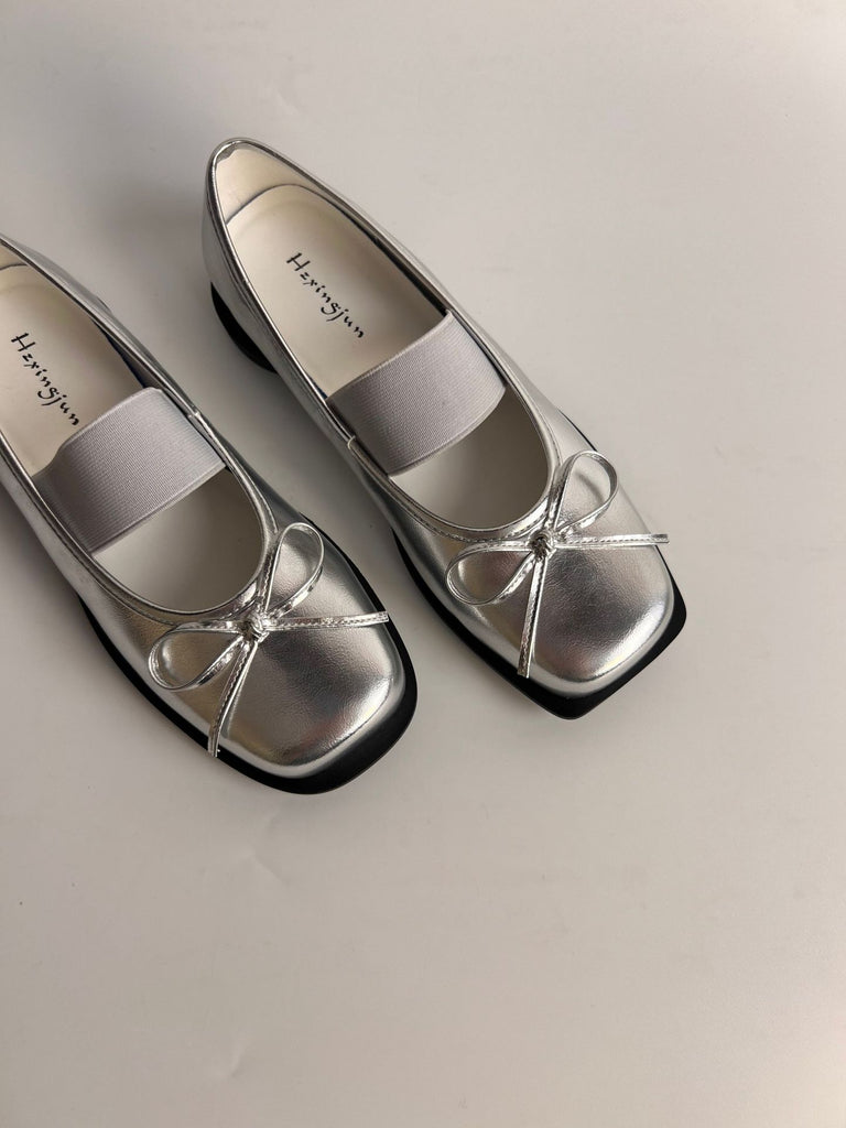 Women's Bow-Knot Genuine Leather Ballet Flats - Chunky Heel Mary Jane Shoes