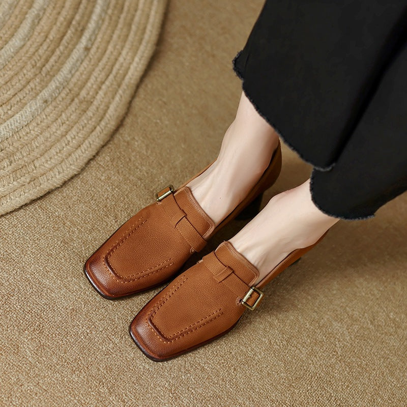 Women's Retro Chunky Heel Leather Shoes | British Style Round Toe Mid Heel Wool Leather Flats