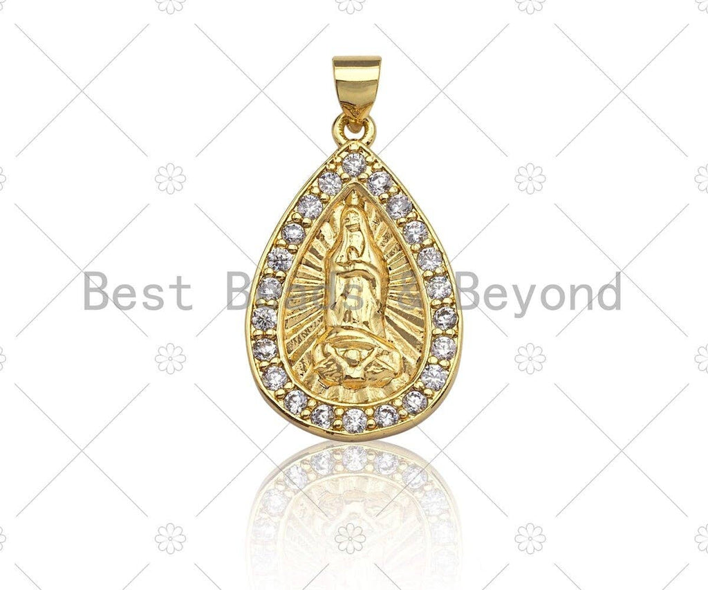 18K Gold Virgin Mary On Teardrop Emblem Shape Pendant,  Sku#F1148C