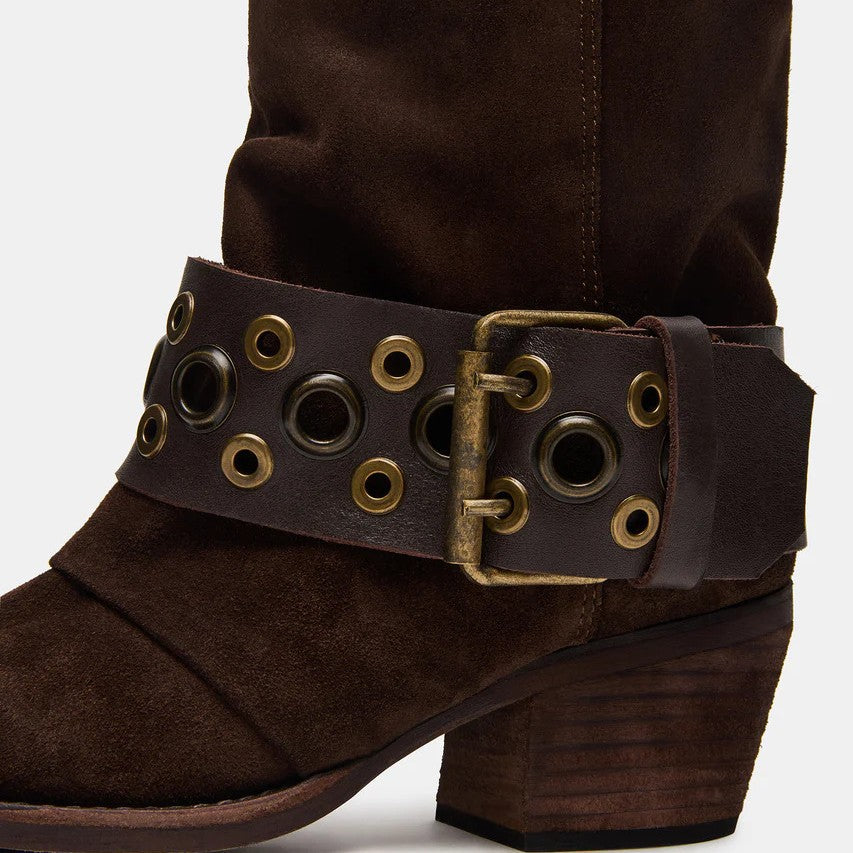 Women's Chunky Heel Ankle Boots – Pointed Toe Slip-On with Buckle Detail | Dark Brown