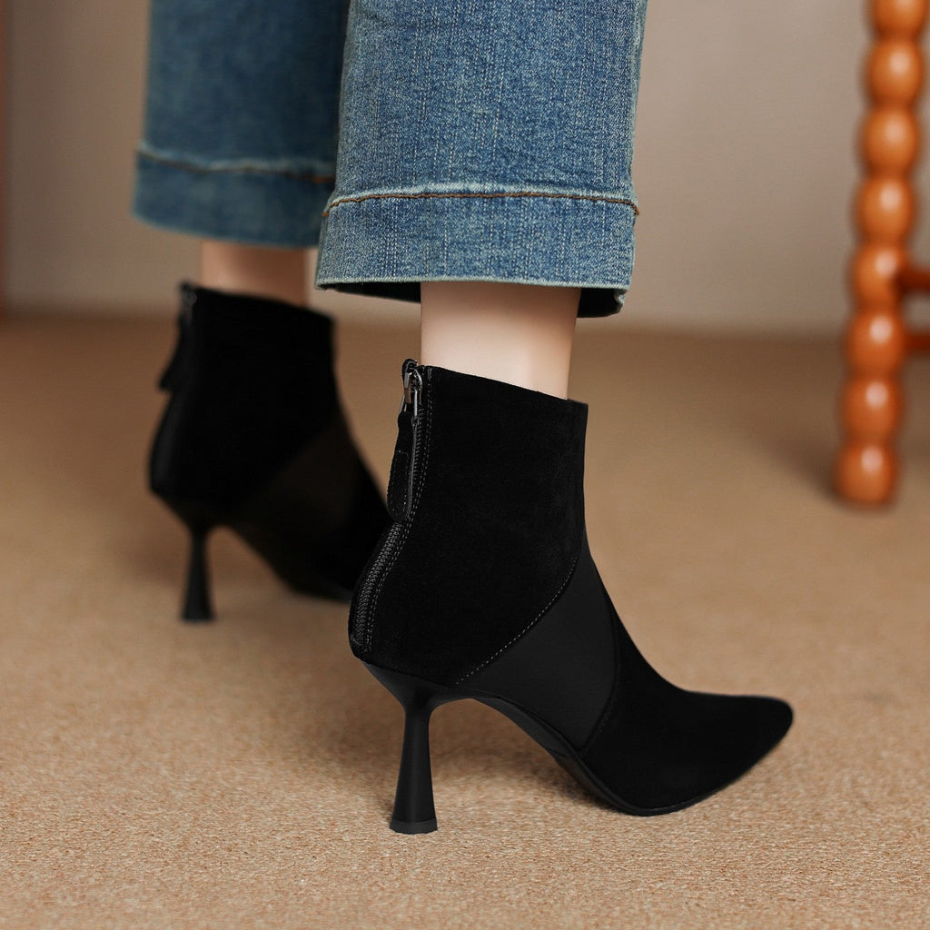 Women's Spliced Short Martin Boots – Suede Stiletto Heel Ankle Boots with Back Zipper