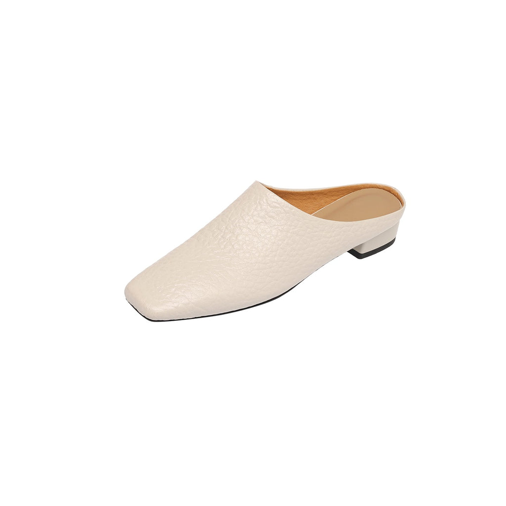 Women's Square Toe Cowhide Mules | Low Block Heel Slip-On Backless Shoes