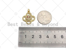 Load image into Gallery viewer, CZ Micro Pave Smiley Face with Fuchsia Eye On Clover Shape Pendant, 18K Gold Charm, Necklace Bracelet Charm Pendant,18x21mm,Sku#LK306