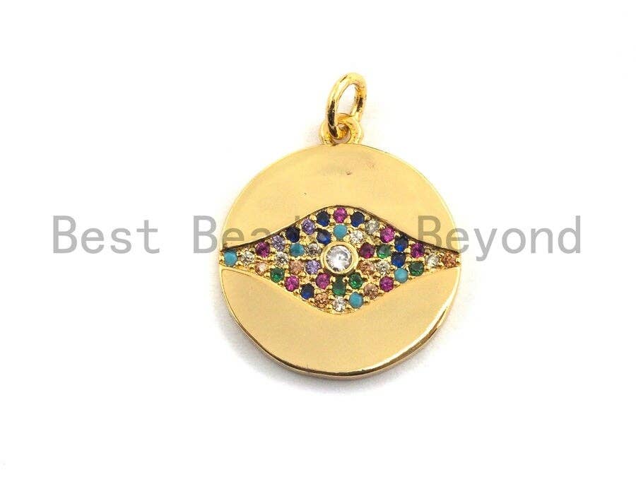 CZ Colorful Micro Pave Round Gold With Evil Eye Pendant, Coin Shaped Pave Pendant, Gold plated,18x20mm, Sku#F868