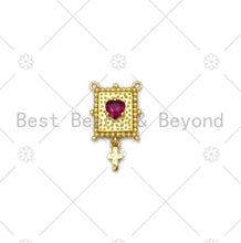 Load image into Gallery viewer, Fuchsia Heart CZ Micro Pave with Cross On Rectangle Shape Pendant, 18K Gold Filled Charm, Necklace Bracelet Charm Pendant,11x14mm,Sku#LK402