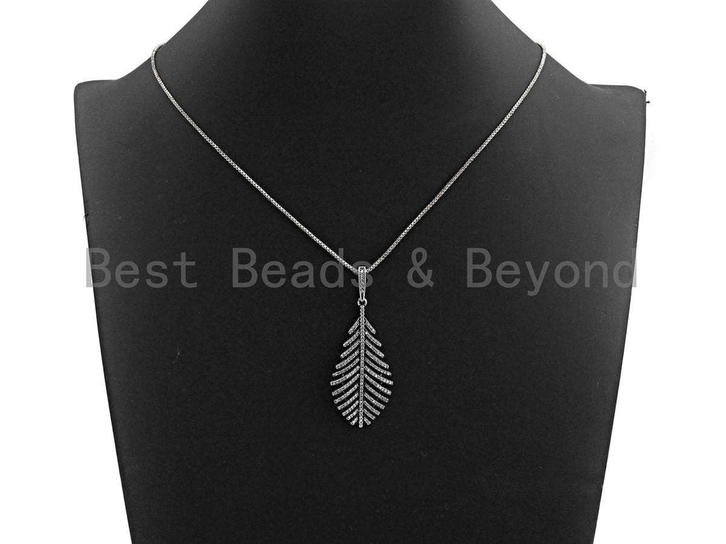 CZ Micro Pave Leaf Pendant, Antique Silver Tone, Clear Cubic Zirconia Big Pave Leaf Charm Pendant, 22x44mm,sku#F1010C