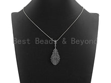 Load image into Gallery viewer, CZ Micro Pave Leaf Pendant, Antique Silver Tone, Clear Cubic Zirconia Big Pave Leaf Charm Pendant, 22x44mm,sku#F1010C