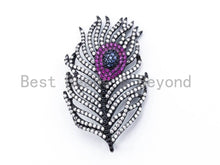 Load image into Gallery viewer, CZ Micro Pave Peacock Feather Pendant/Charm with Fuchsia Eye, Cubic Zirconia Pendant,28x46mm,1pc, sku#F98