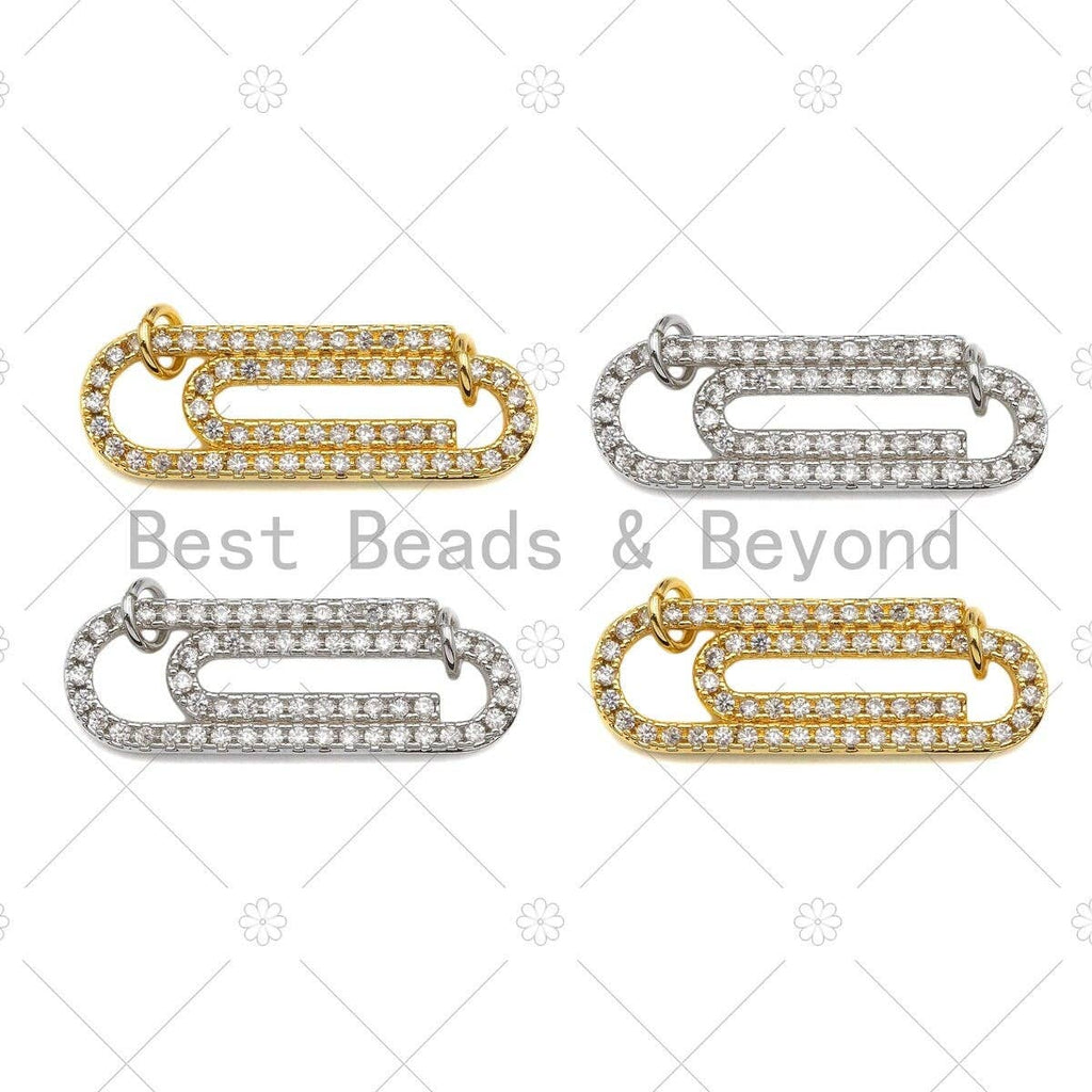 CZ Micro Pave Paper Clip Charm,Cubic Zirconia Silver/Gold Connector, Necklace Bracelet Charm Pendant, 12x35mm, Sku#L553