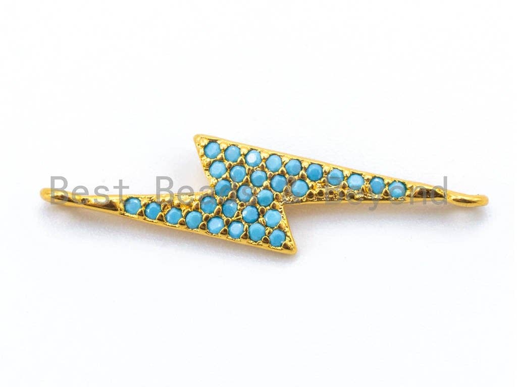 CZ Turquoise Micro Pave Thunder Lightning bolt Connector Charm, Blue Topaz in Gold, Silver, Black& Silver Finish, 5x25mm,sku#M89C