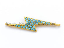 Load image into Gallery viewer, CZ Turquoise Micro Pave Thunder Lightning bolt Connector Charm, Blue Topaz in Gold, Silver, Black&amp; Silver Finish, 5x25mm,sku#M89C