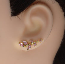 Load image into Gallery viewer, Gold Pink CZ Ear Climber Earrings, Branch Earrings, Sku#B224