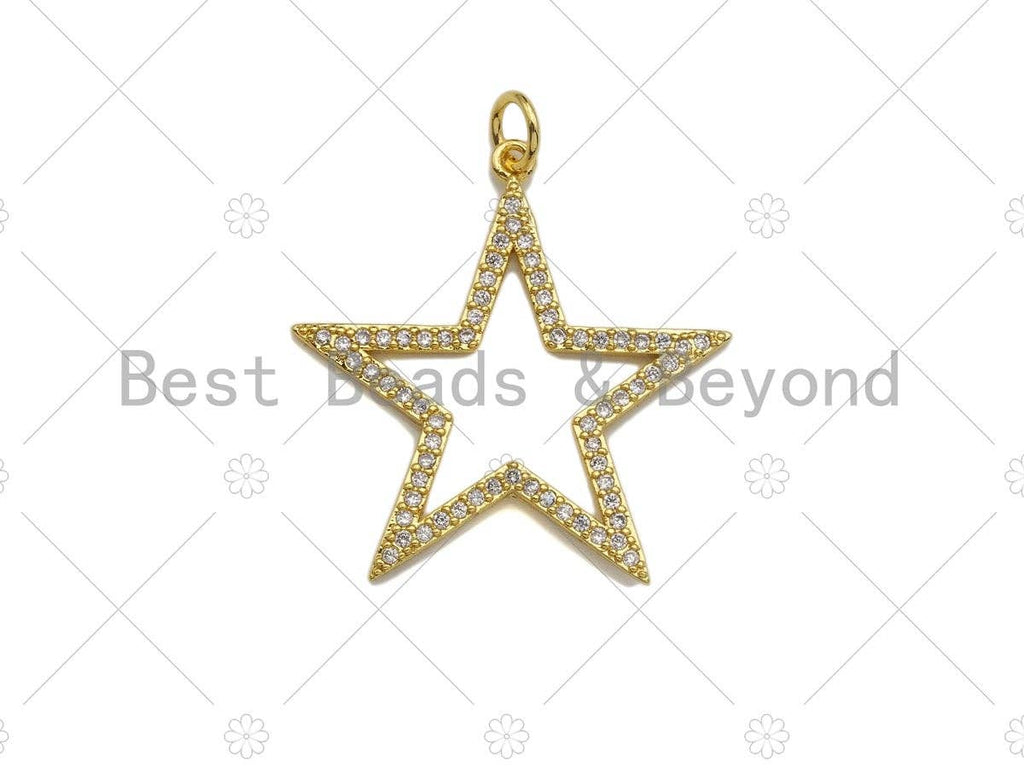 Gold Five Point Star Shape Pendant,  Frame Star Charm, Pave Star Pendant, Gold plated, 27mm, Sku#LK81