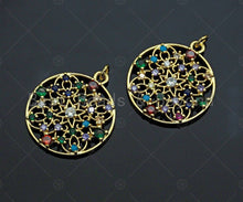 Load image into Gallery viewer, Gold Colorful Charms, Colorful Filigree Charms, Multi-Color Round Pendant, Gold Charm, Gold Pendant, Necklace Charms, 25x28mm, Sku#LK99