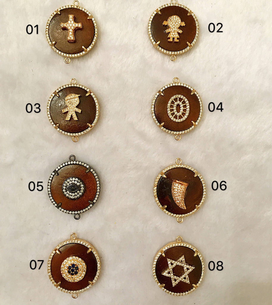 CZ Micro Pave Star/ Little People on Wood Round Disc Connector,28x35x7mm, sku#A43