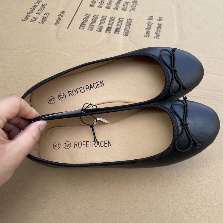 Women's Bow Flat Shoes – PU Leather Slip-On Round Toe Ballet Flats