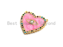 Load image into Gallery viewer, CZ Colorful Micro Pave Enamel Heart With Evil Eye Pendant, Pink Heart ,Heart Shaped Pave Pendant, Gold plated, 26x27mm, Sku#F852