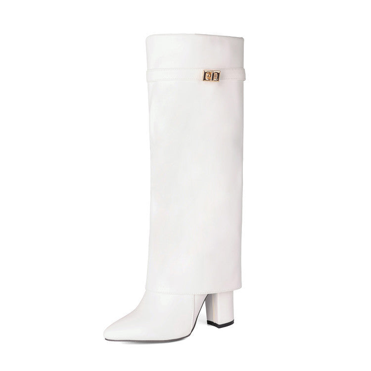 Women's Pointed-Toe High-Shaft Mid-Calf Boots with Metal Buckles | Chunky Heel Side Zipper