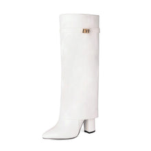Load image into Gallery viewer, Women's Pointed-Toe High-Shaft Mid-Calf Boots with Metal Buckles | Chunky Heel Side Zipper