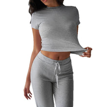 Load image into Gallery viewer, Crew Neck Short Sleeve Top &amp; Full-Length Pants Set – Solid Color, 10 Colors