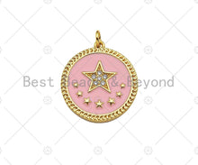 Load image into Gallery viewer, CZ Micro Pave Enamel Pink Five Star On Round Coin Pendant, 18K Gold Pendant, Star Charm, Pink Enamel Charm, 24x22mm,Sku#L565
