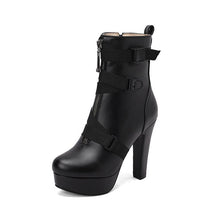 Load image into Gallery viewer, Women's Mid-Calf Chunky Heel Boots | Round Toe PU Leather Block Heel