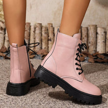 Load image into Gallery viewer, Women's Lace-Up Ankle Combat Boots | Low Heel PU Leather | Khaki Pink Brown