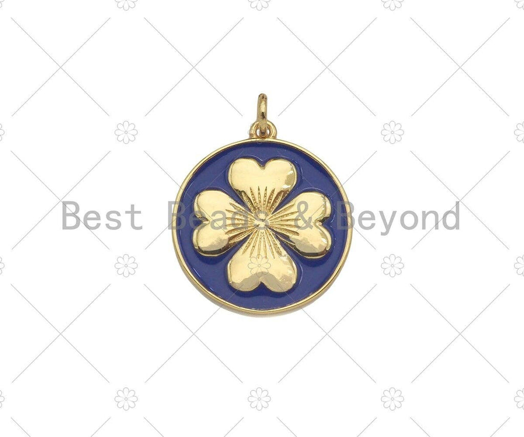 Gold Filled Clover On Colorful Enamel Round Coin Shape Pendant, Shamrock charm, Sku#L570