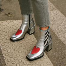 Load image into Gallery viewer, Women's Silver Chunky Heel Ankle Boots – Square Toe Side Zipper Heart Detail