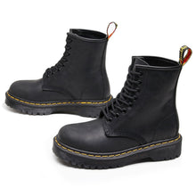 Load image into Gallery viewer, Women's British-Style Full-Grain Leather Biker Boots – Square Heel, Round Toe, Lace-Up