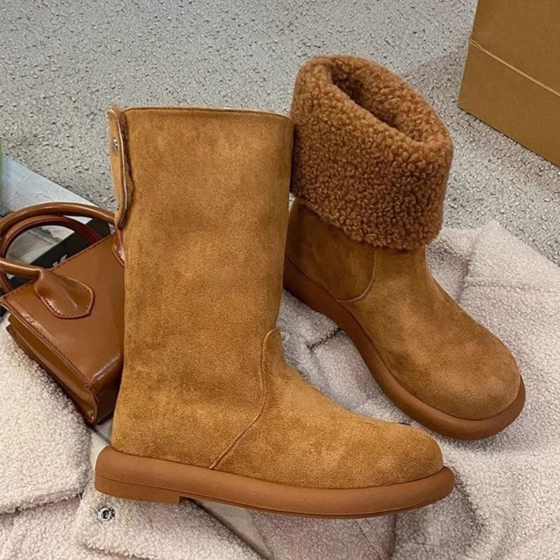 Women's Warm Mid-Calf Boots with Cotton Lining - Winter Slip-On Boots