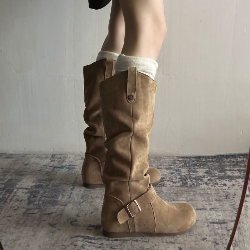 Women's Vintage Denim Lace-Up Long Boots – Mid Heel Round Toe All-Season Boots