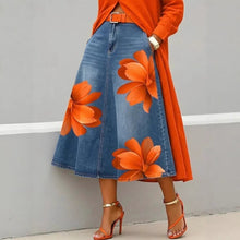 Load image into Gallery viewer, Women's Floral Print A-Line Midi Skirt – Denim-Style Boho Skirt