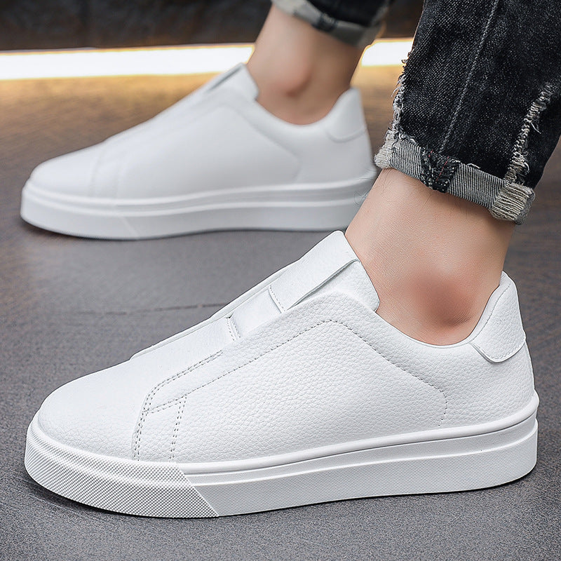 Men's Korean-Style Slip-On Casual Sneakers | PU Leather Round Toe Mid Heel Shoes