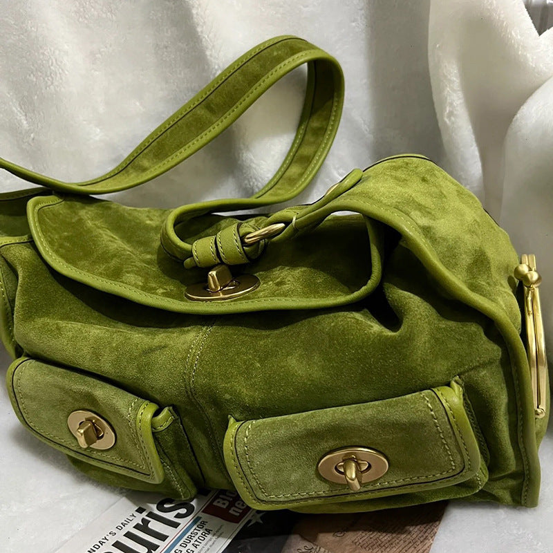 Retro Minimalist Women's Shoulder Bag with Multiple Pockets - Suede Commuter Handbag
