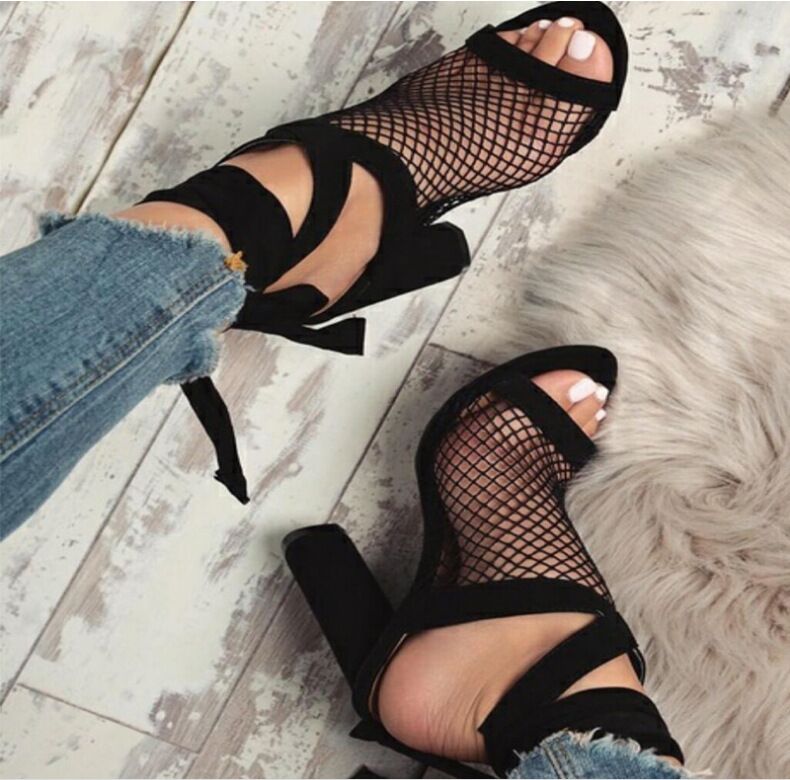 Women's Lace-Up Bandage Sandals | Open-Toe Flock High Heel Sandals