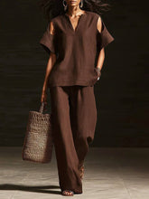 Load image into Gallery viewer, V-Neck Short Sleeve Top &amp; Straight-Leg Pants Set – Ripped Detail, Pockets, Solid Color