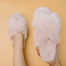 Load image into Gallery viewer, Women's Fluffy Faux Fur Cross Slides | Cozy Indoor Suede Slippers