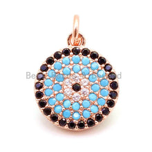 Load image into Gallery viewer, CZ Micro Pave 13mm Turquoise Evil Eye Round Coin Charm, Cubic Zirconia Pendant, CZ Dangle Charms, Silver/Rose Gold/Gold/Black Tone, sku#F34